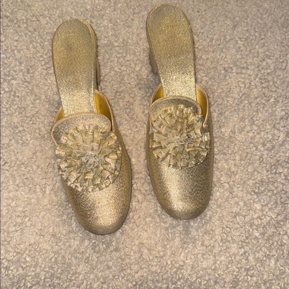 1960s Daniel Green Gold Lurex Mules Lounge Slipper Heels 2A65